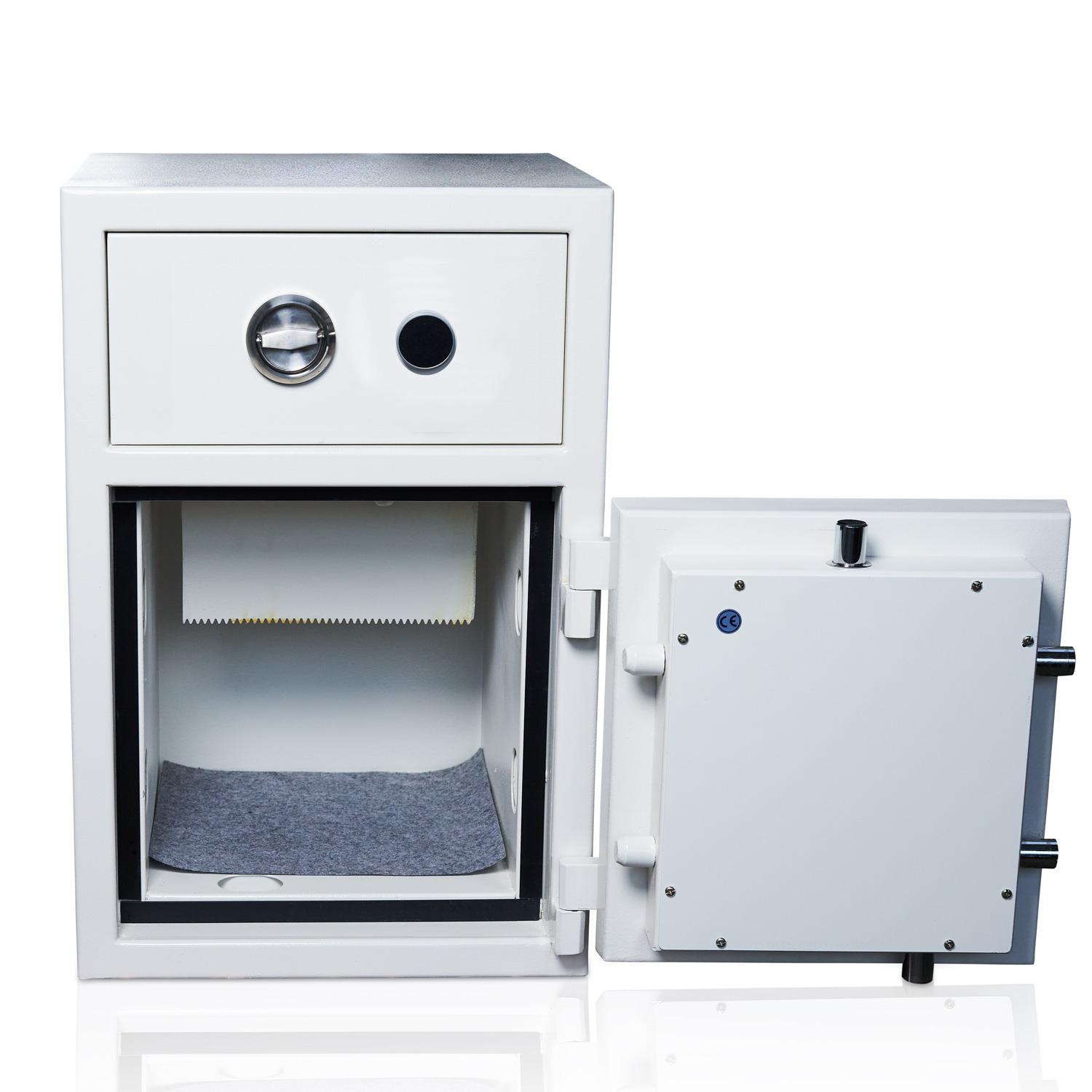 Deposit safe with drawer & key lock | Safe door with 6 locking bolts & pin code lock